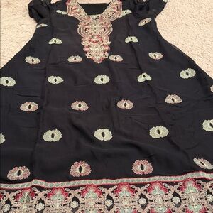 Salwar Kameez Black with Red and Green Floral Embroidery